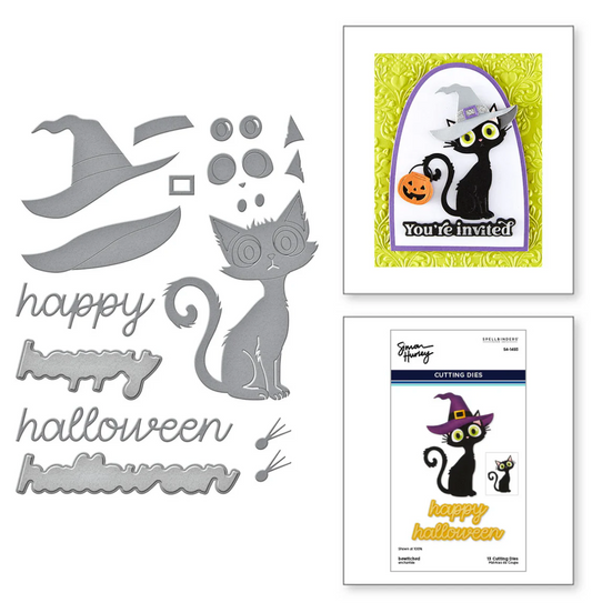 Halloween-themed metal cutting dies with cat design and 'You're invited' card.