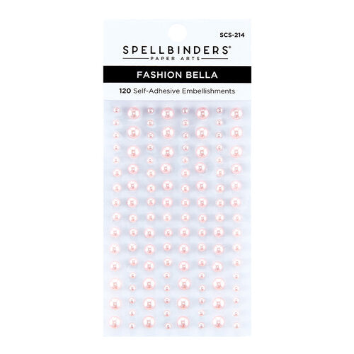 Spellbinders Fashion Bella 120 self-adhesive embellishments on a white backing card, featuring small round pink and white rhinestones with floral and monogram designs.