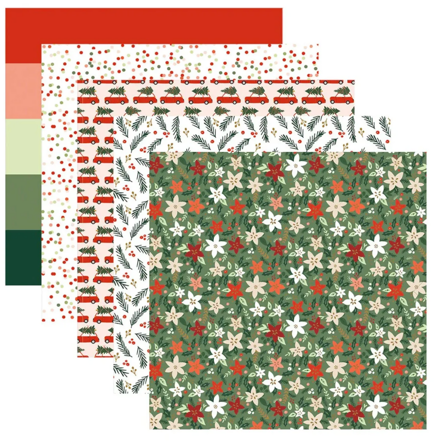 Set of patterned paper sheets with Christmas designs on a white background.