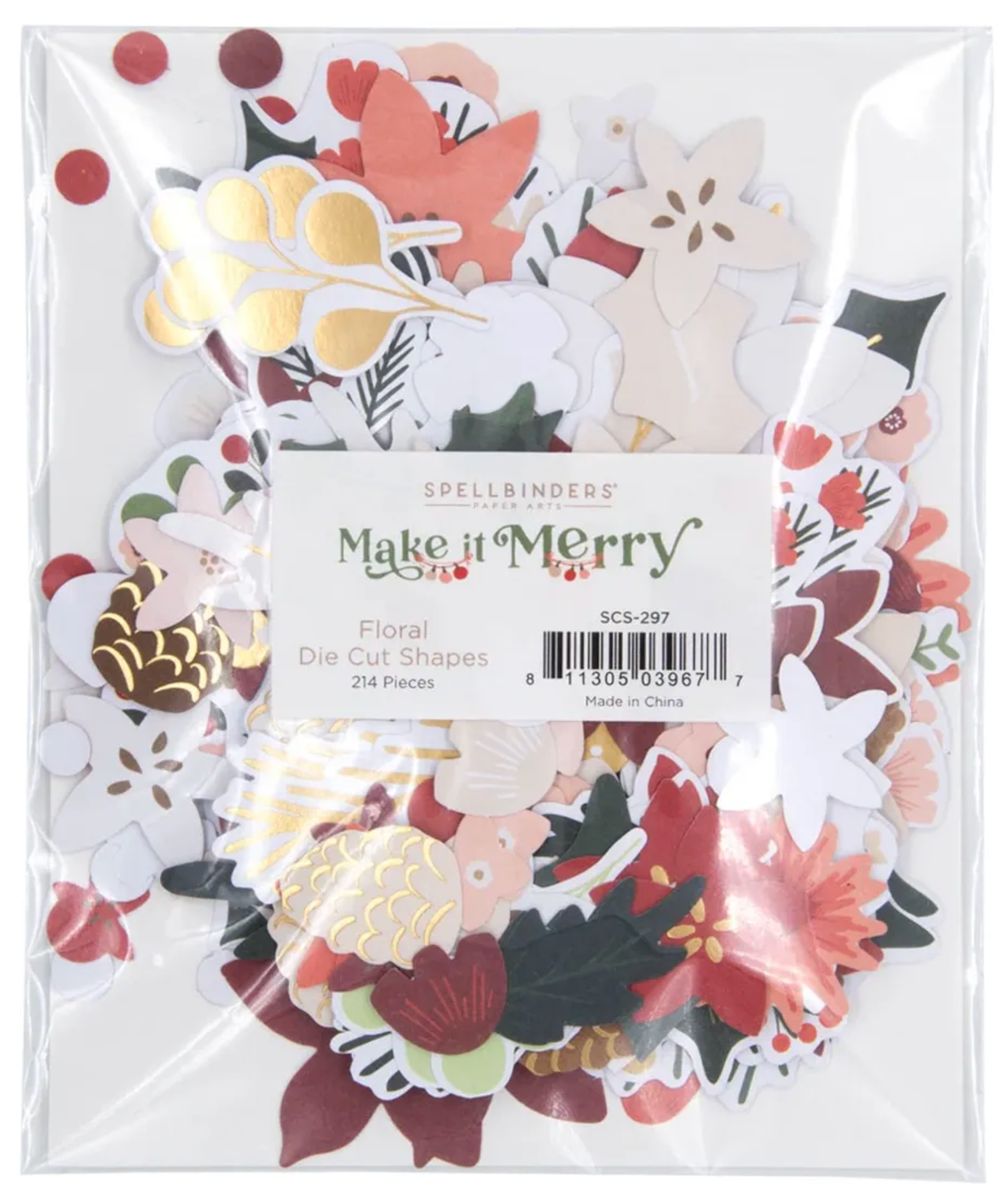 Packaged floral die cut shapes with 'Make it Merry' branding.
