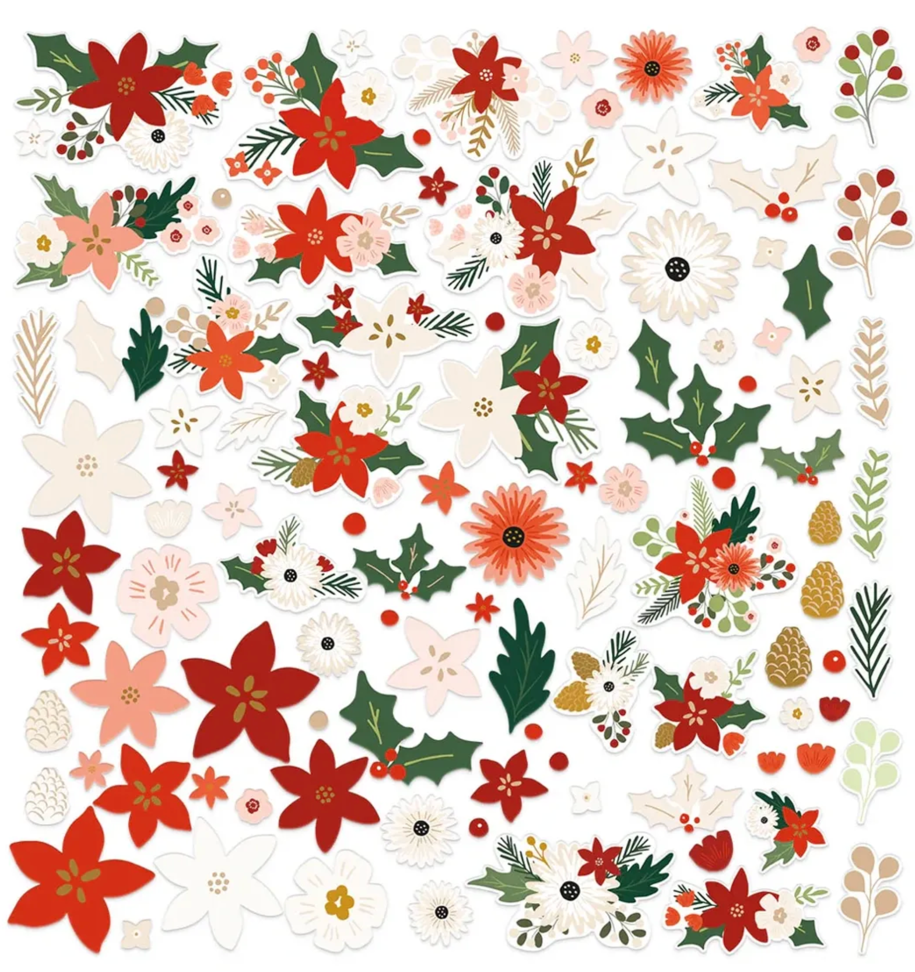 paper die cuts of red, green, and white flowers and leaves on a white background