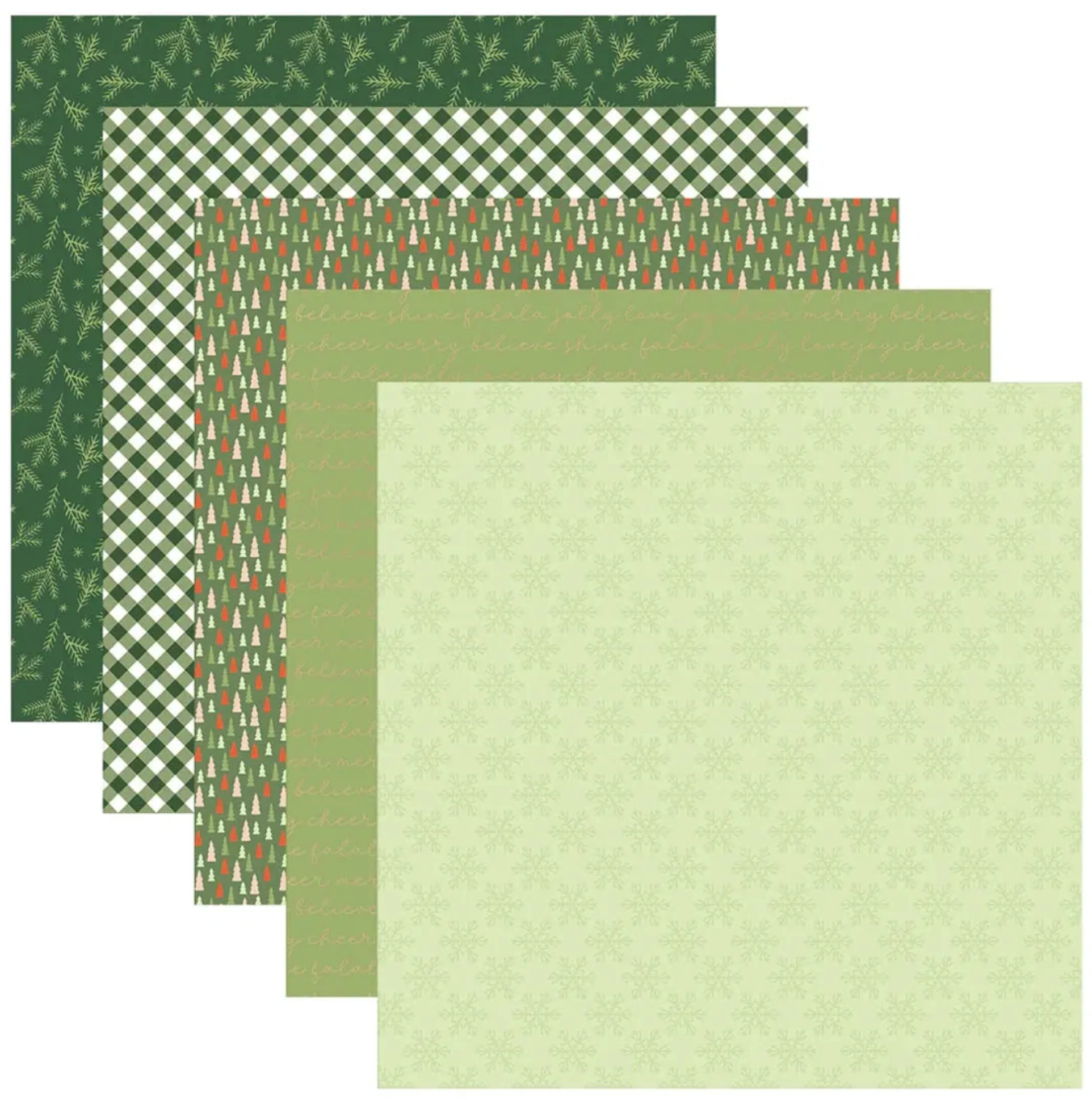 Set of green patterned paper sheets on a white background