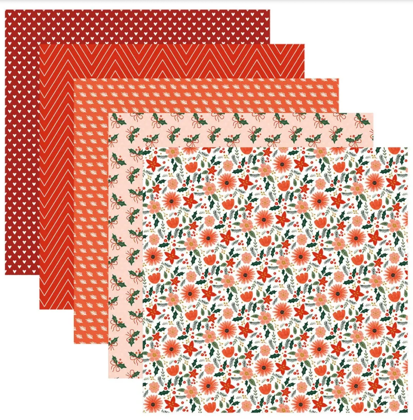 Set of patterned paper sheets with floral and geometric designs on a white background