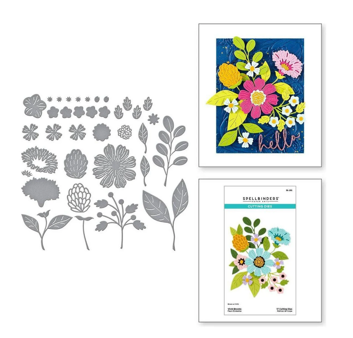Set of floral and leaf stencils with a colorful 'hello' card and Spellbinders packaging.
