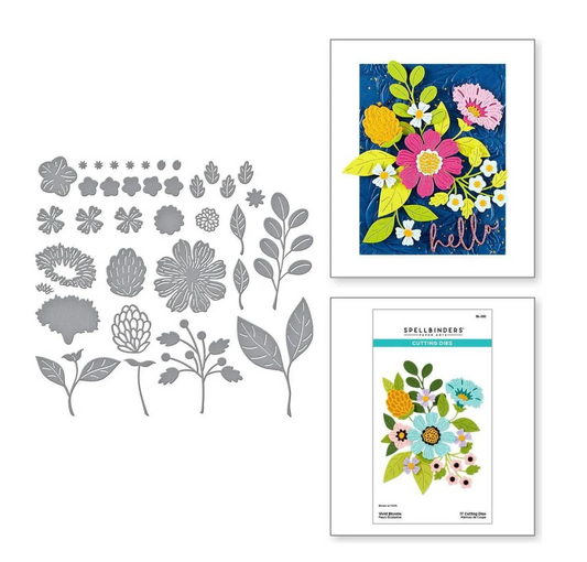 Set of floral and leaf stencils with a colorful 'hello' card and Spellbinders packaging.