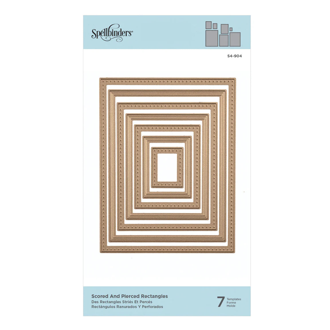 Packaging of Spellbinders Scored and pierced  Rectangles dies with decorative frames on a white background.
