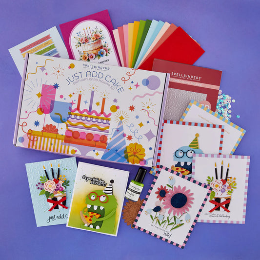 Colorful Birthday themed card kit box with dies, stamps, card bases, embossing folder, and more.
