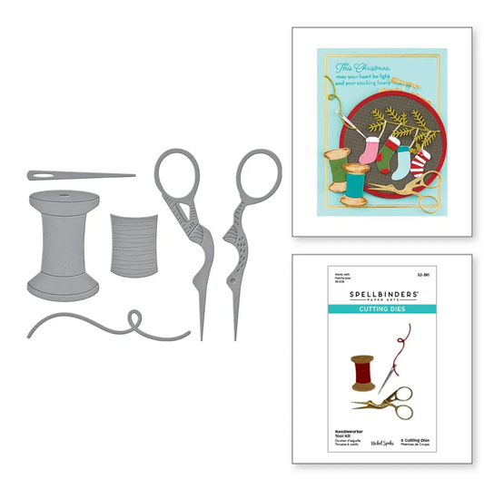 Spellbinders Needleworker Tool Dies with card inspiration and packaging