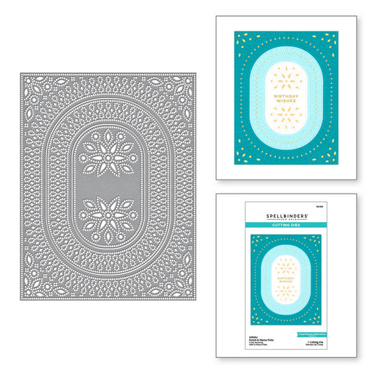 Oval Decorative cutting dies with matching card designs on a white background