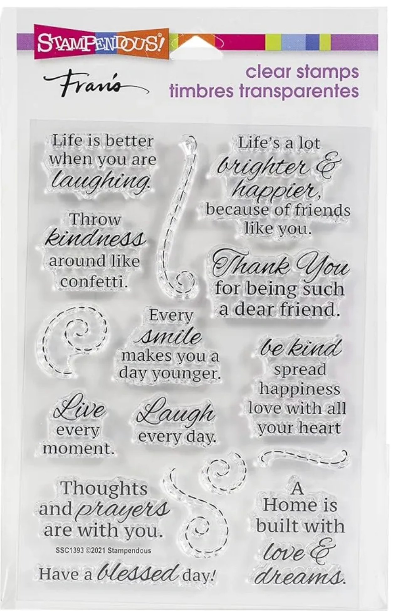 Clear stamps with motivational phrases and designs on a white background