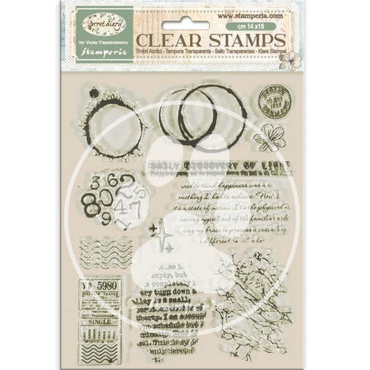 Clear stamps set with various designs on a beige background