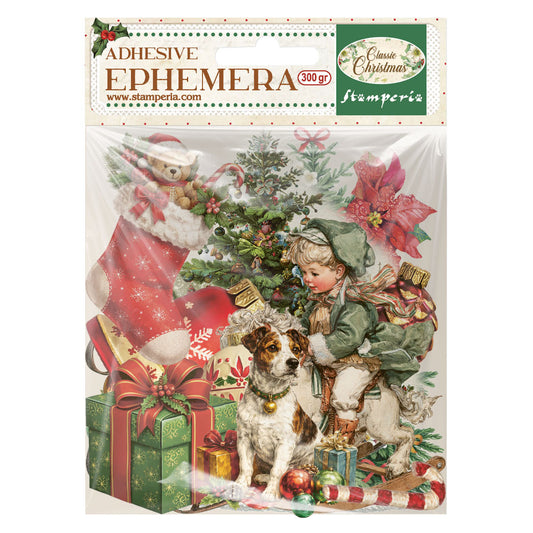 Packaging of Stamperia adhesive ephemera with Christmas design featuring Santa Claus, child, and dog.