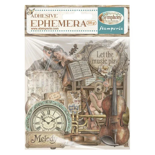 Stamperia symphony ephemera bundle with clock, melody, string instruments in package on white background