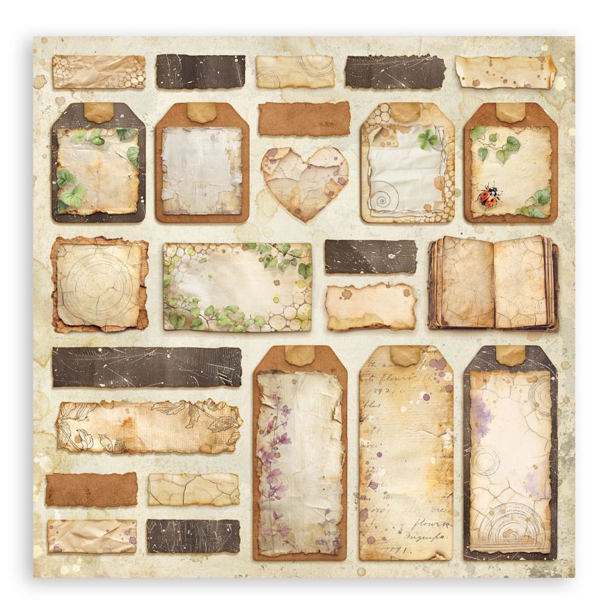 Collection of vintage-style paper tags and labels on a beige background