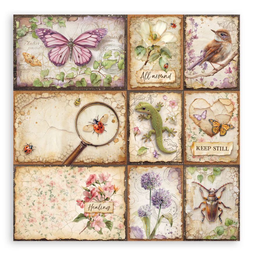 Decorative wall art with nature-themed tiles featuring animals and plants.
