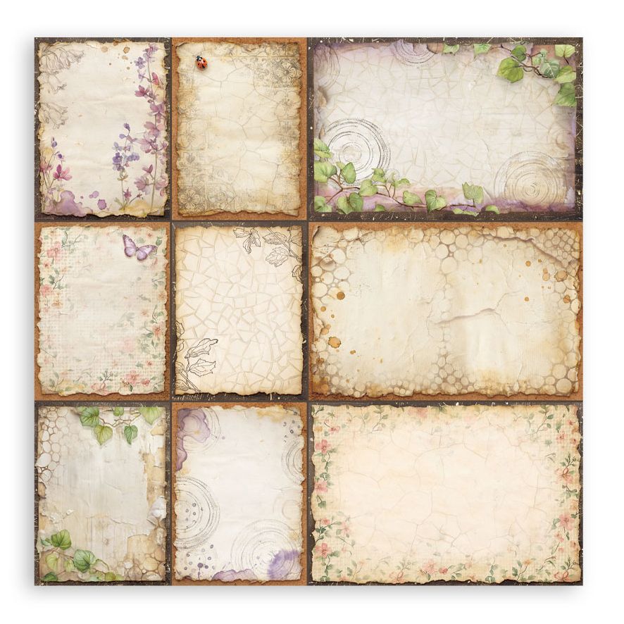 Set of nine vintage-style textured square papers with floral and nature-themed designs.