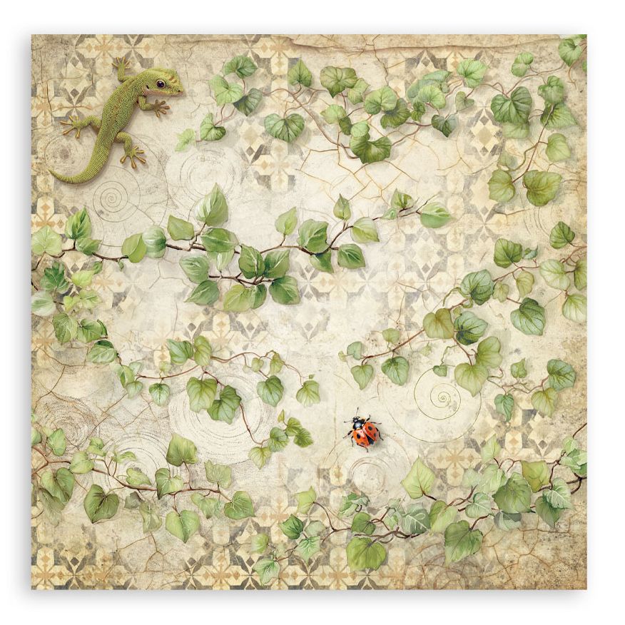 Decorative paper with green leaves, a lizard, and a ladybug on a textured background