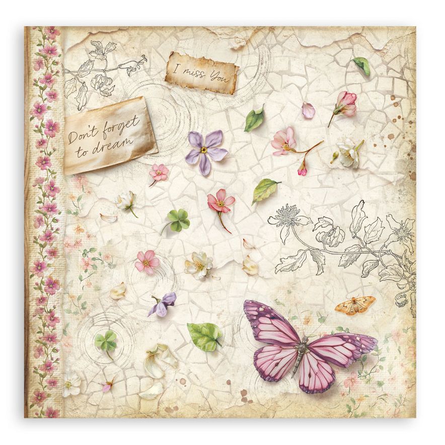 Decorative paper with floral designs, butterflies, and text on a textured background