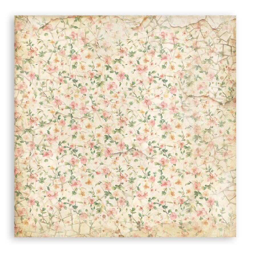 Floral patterned paper with pink and green flowers on a beige background
