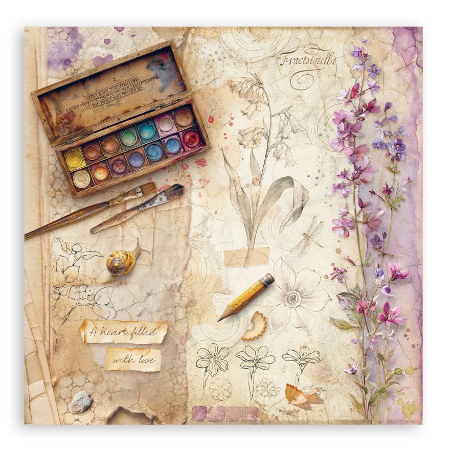 Artistic depiction of watercolor paints, brushes, and botanical illustrations on a textured background.