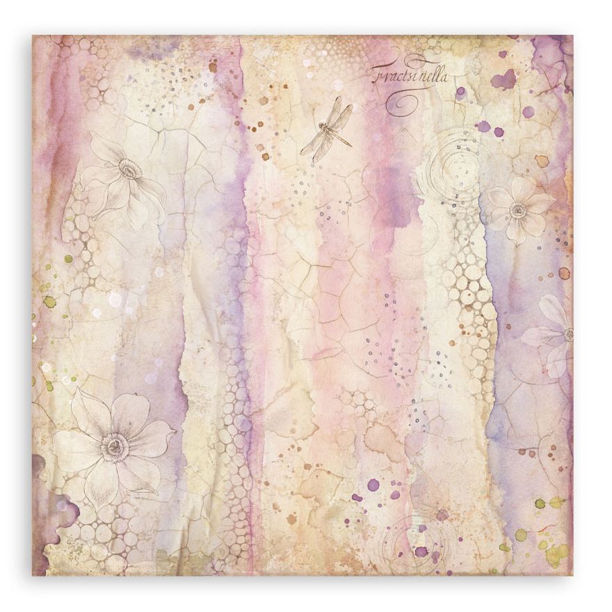 Decorative paper with floral and dragonfly designs on a textured background
