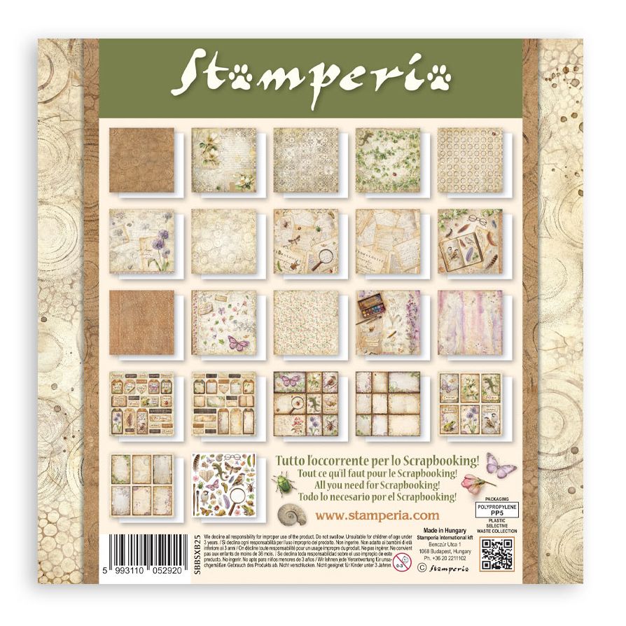 Stamperia scrapbooking paper pack with various patterns on a white background