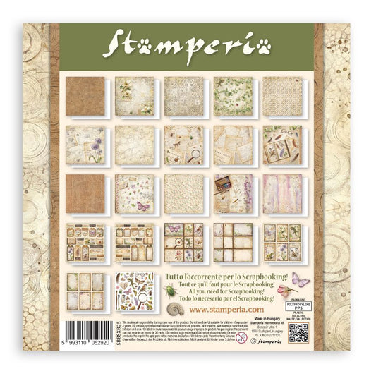 Stamperia scrapbooking paper pack with various patterns on a white background