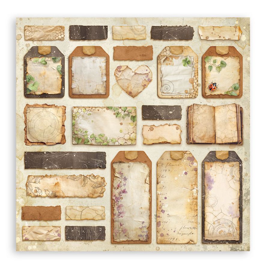 Collection of vintage-style paper tags and labels on a textured background
