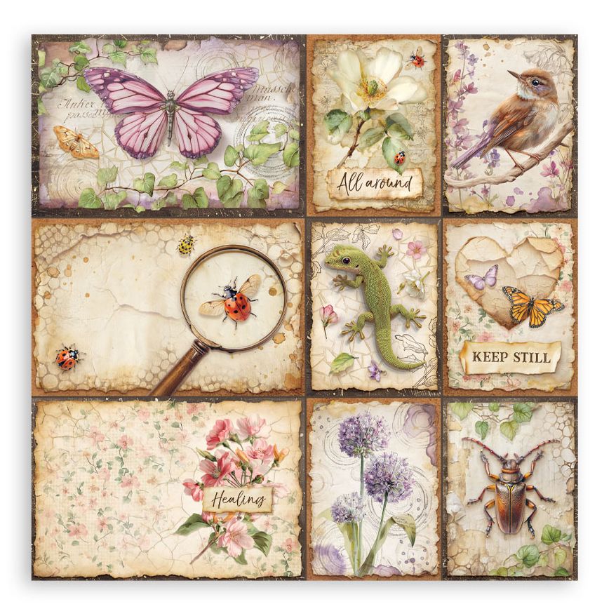 Decorative wall art with nature-themed tiles featuring animals and plants.