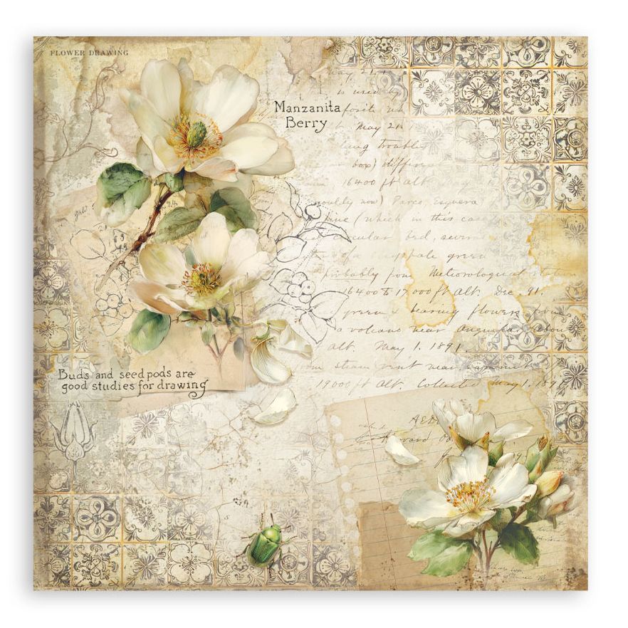 Decorative paper with floral illustrations and text on a beige background