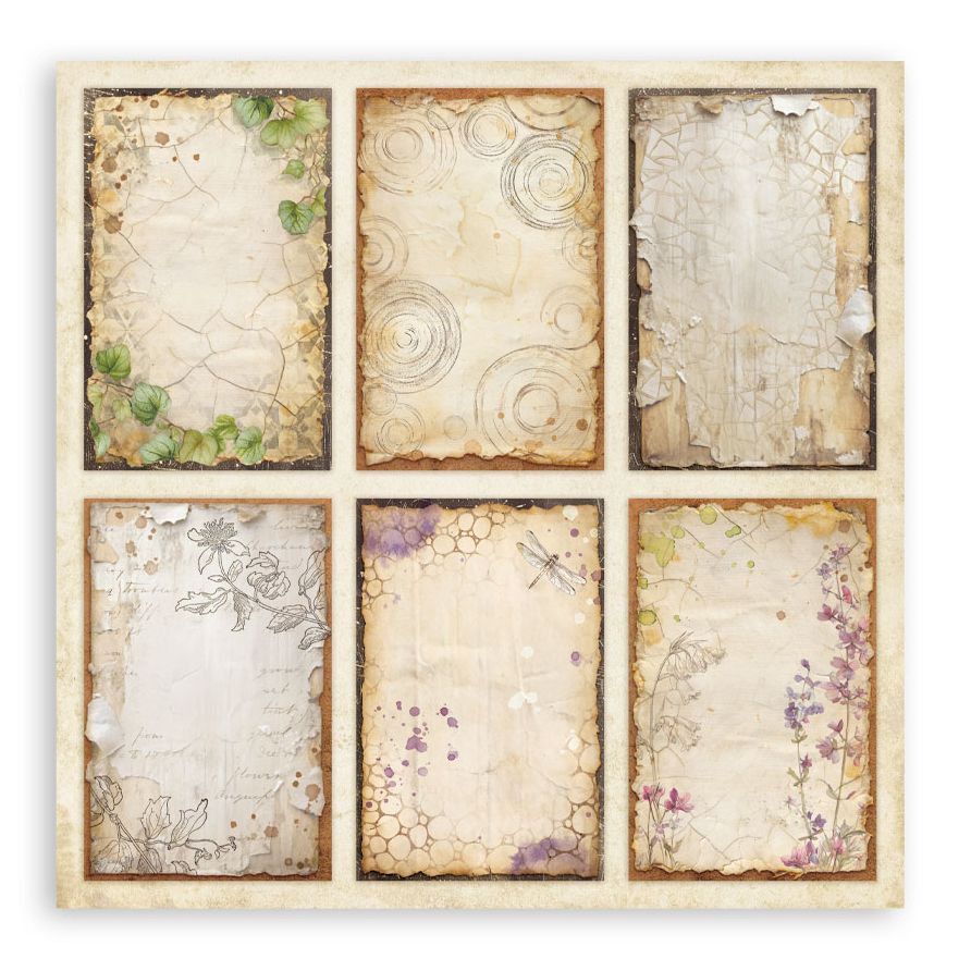Set of six decorative paper sheets with vintage designs on a white background
