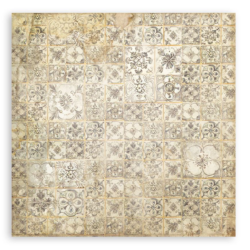 Decorative tile pattern with floral designs on a beige background
