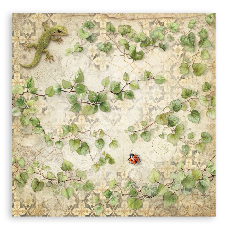 Decorative paper with green leaves, a lizard, and a ladybug on a patterned background