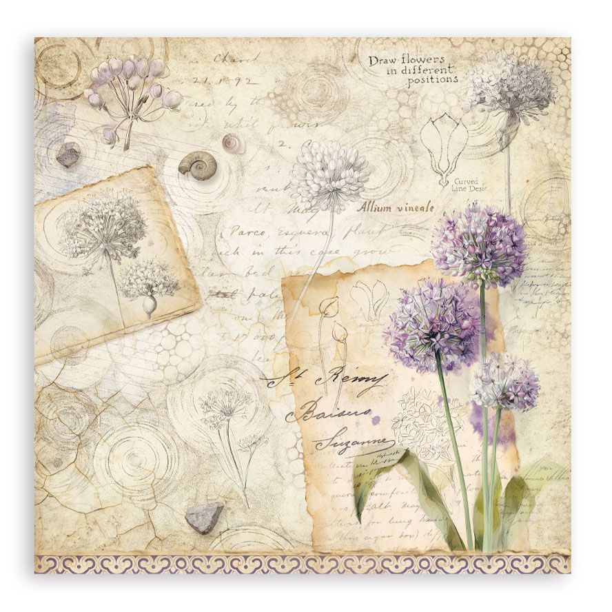 Decorative paper with floral illustrations and text on a beige background