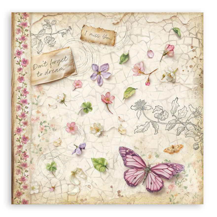 Decorative paper with floral patterns, butterfly, and motivational text on a textured background.