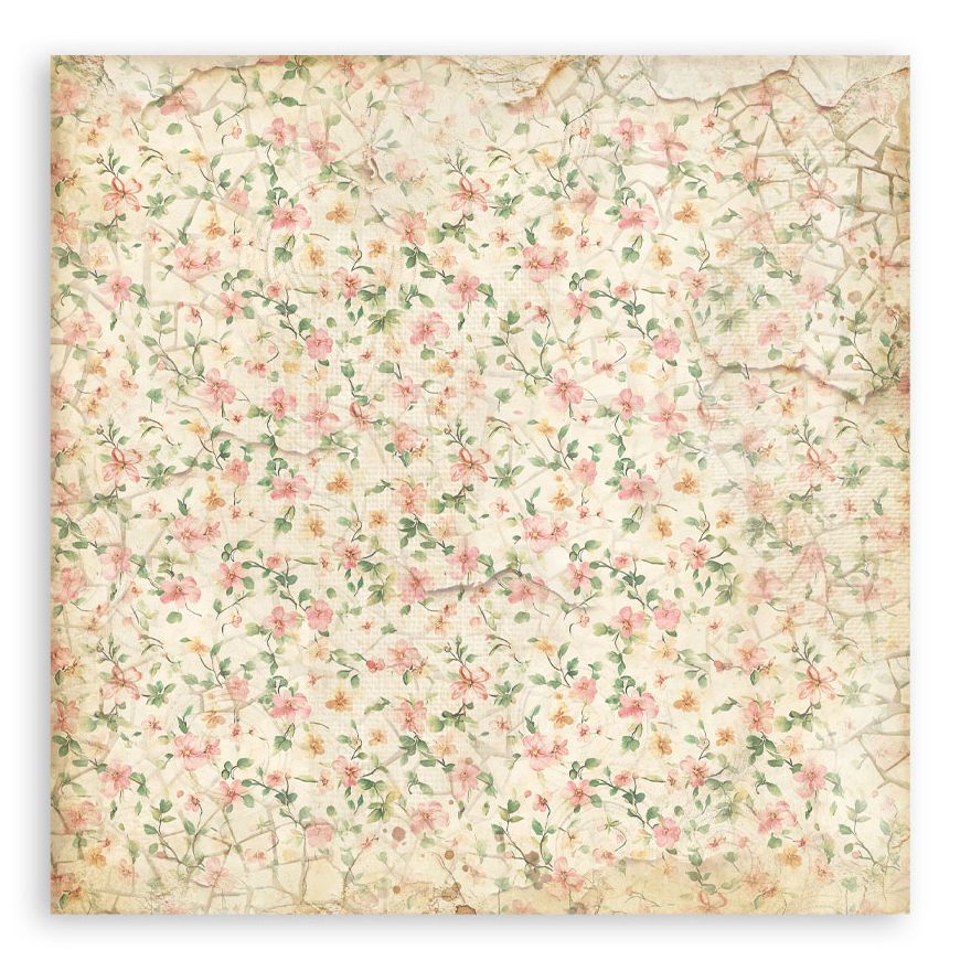 Floral patterned paper with small pink flowers on a beige background