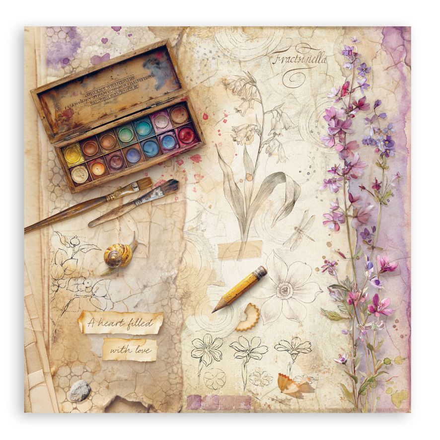 Artistic depiction of a watercolor set, brushes, and botanical illustrations on textured paper.