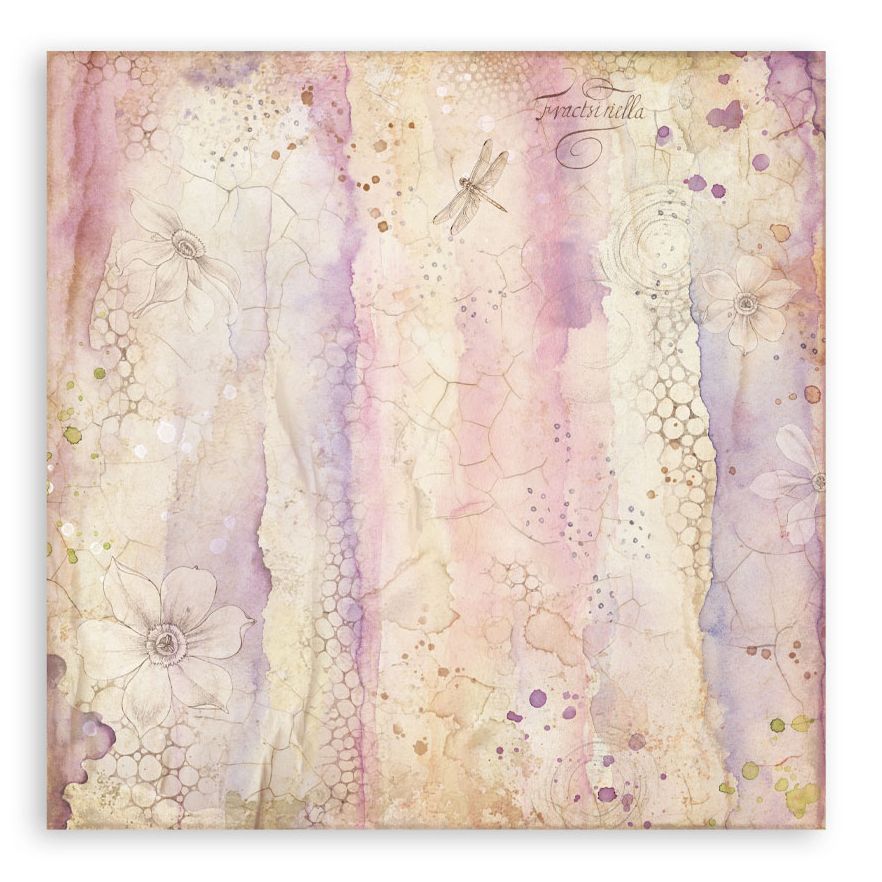 Decorative paper with floral and dragonfly designs on a soft pastel background