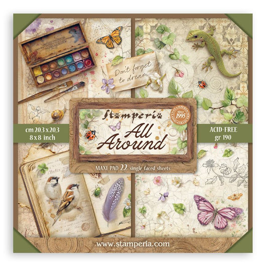 Stamperia 'All Around' paper pad packaging with nature-themed designs and text.