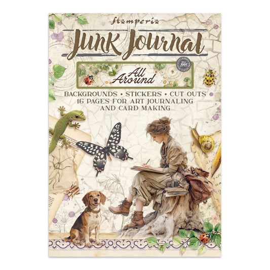 Stamperia Junk Journal with illustrations of a woman, dog, and butterfly on a white background