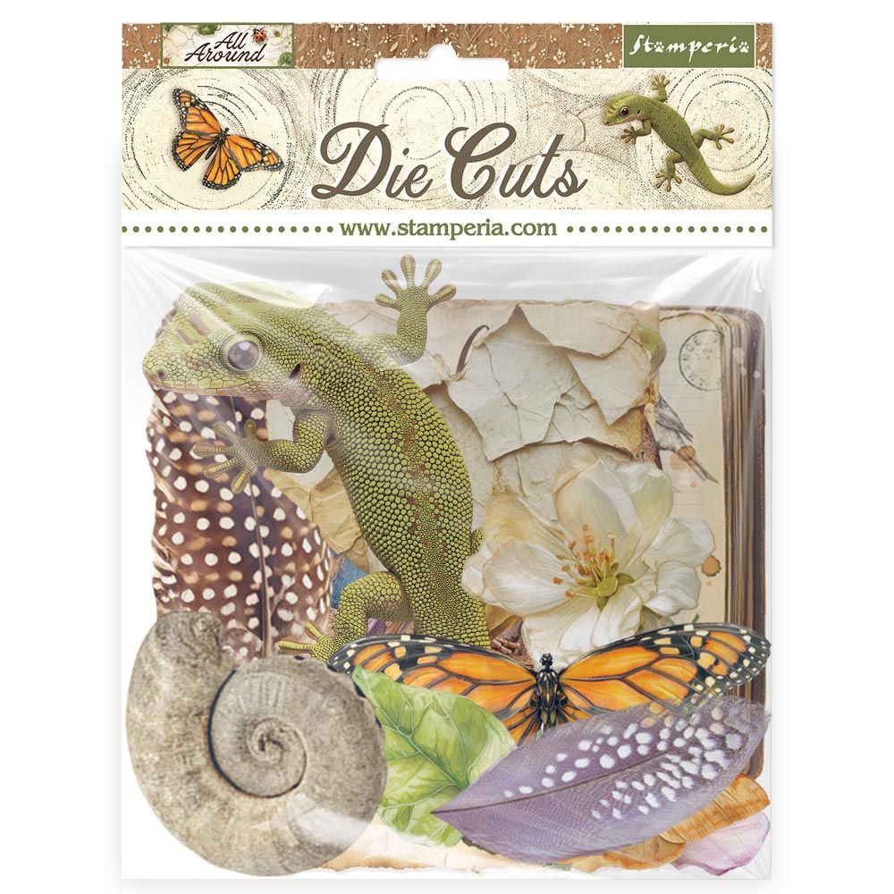 Packaged die cuts with nature-themed designs including butterflies, lizards, and flowers.