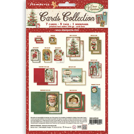 Stamperia Christmas card collection packaging with various cards and tags on a white background.