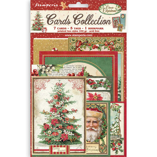 Stamperia Christmas cards collection with Santa Claus and tree design on packaging.