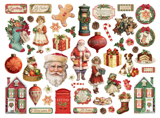 Collection of Christmas-themed illustrations including Santa Claus, gingerbread men, and festive decorations on a white background.