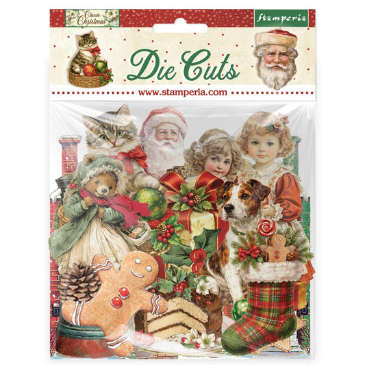 Package of Stamperia Christmas die cuts featuring Santa Claus, children, animals, and gingerbread man.