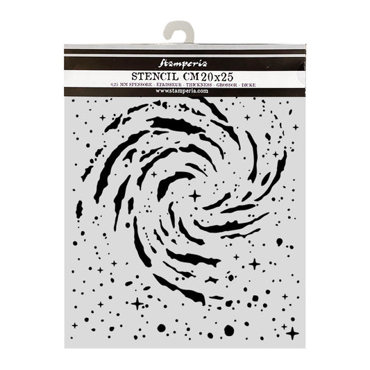 A packaged stencil with a swirling black-and-white spiral design and scattered dot patterns on a white sheet, shown against a light gray background. The header card reads Stamperia and Stencil CM20x25.