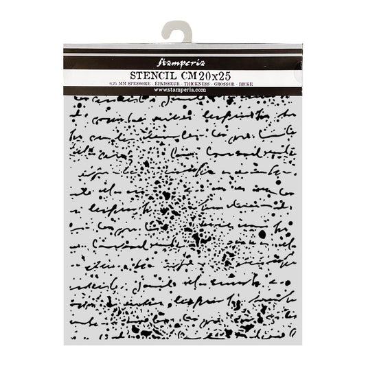 A packaged Stamperia stencil with cursive script and ink splatter designs, shown on a clean white background.