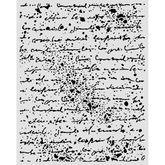 A stencil sheet of hand-written style black ink script pattern with scattered ink splatters and dots.