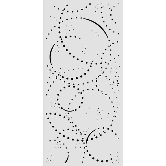 A black abstract stencil pattern featuring dotted circles, arcs, and scattered dots on a light gray rectangular sheet, shown against a white background.