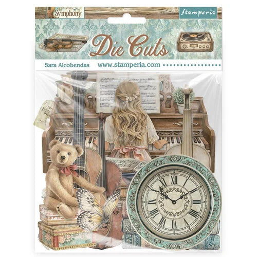 Packaged die cuts with a girl playing piano, teddy bear, and clock design.
